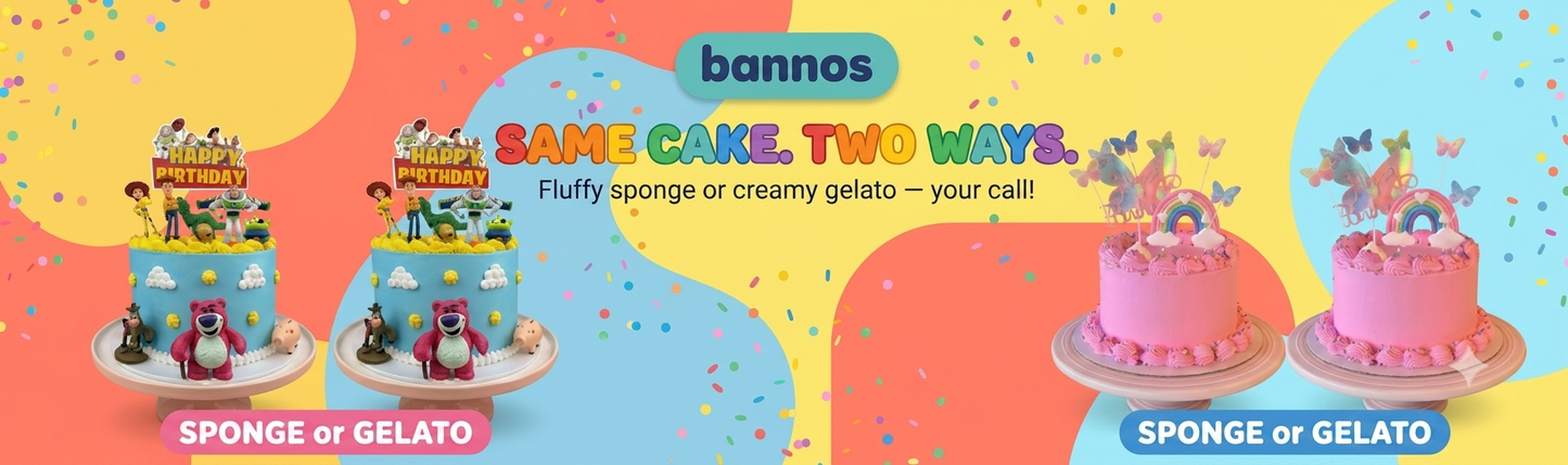 Bannos same cake two ways sponge or gelato wide banner
